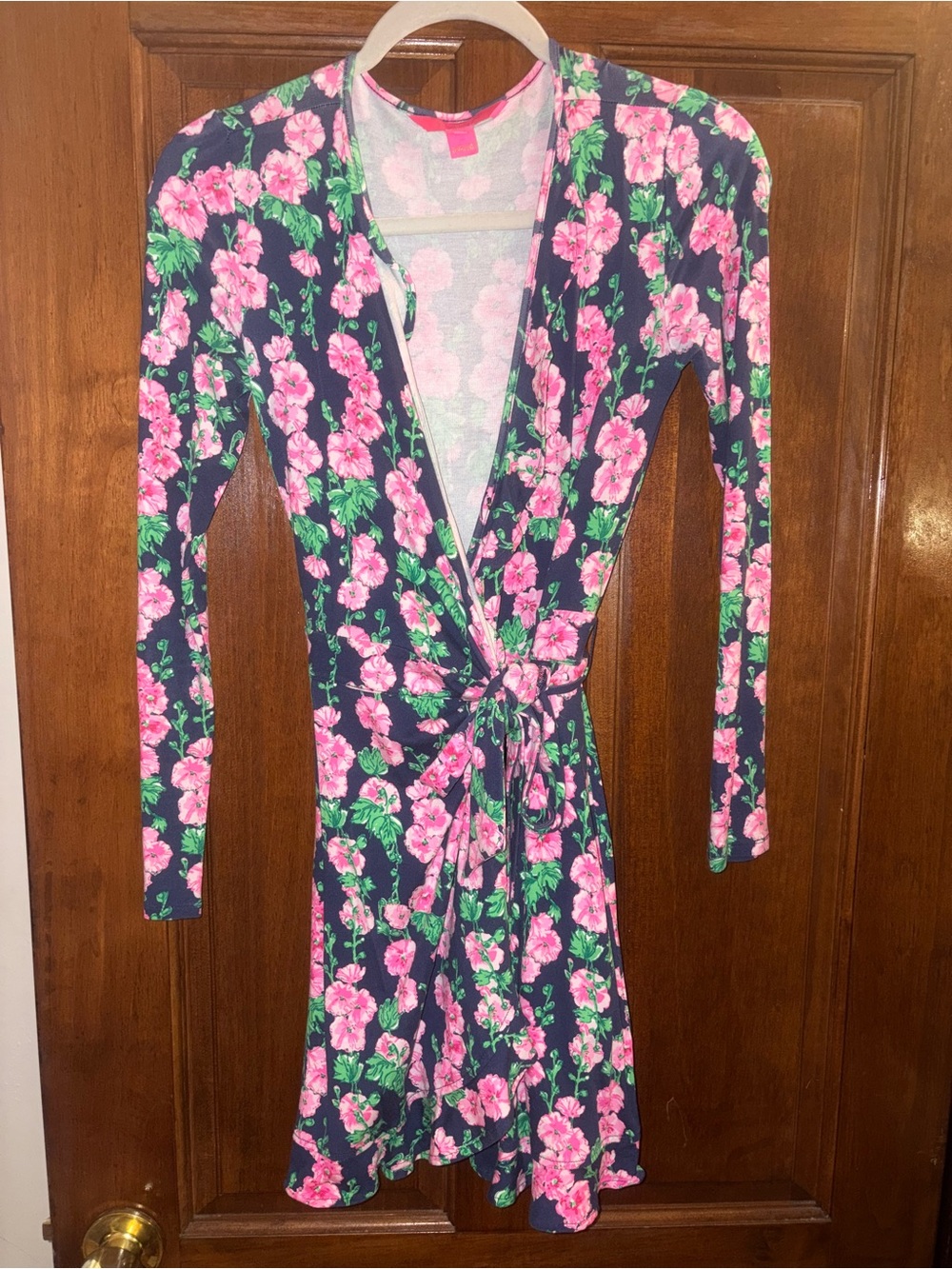 Lilly Pulitzer Navy Floral Wrap Dress with Pink and Green Blooms